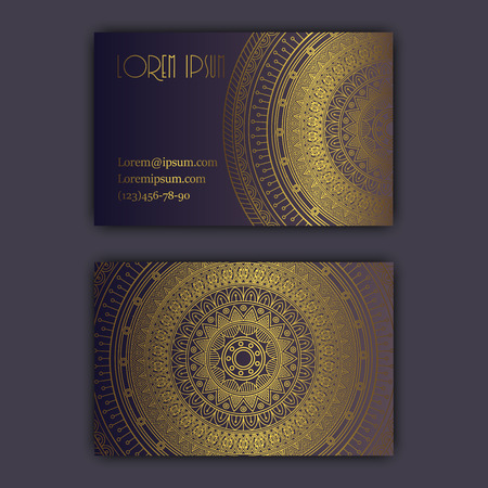Vector vintage visiting card set. Glowing shiny floral mandala pattern and ornaments. Luxury designのイラスト素材