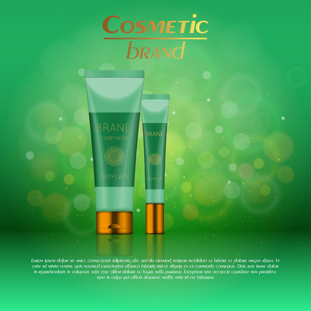 Vector 3D cosmetic illustration on a soft light blurred background with bokeh. Beauty realistic cosmetic product design template.のイラスト素材