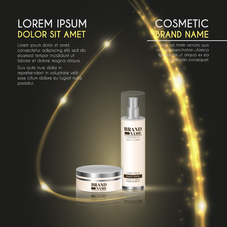 3D realistic cosmetic bottle ads template. Cosmetic brand advertising concept design with glowing sparkles and glitters abstract background.のイラスト素材