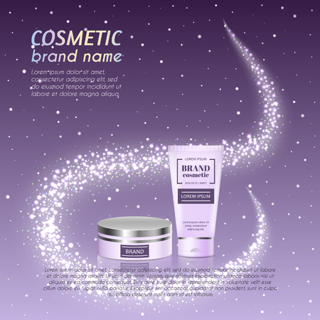 3D realistic cosmetic bottle ads template. Cosmetic brand advertising concept design with glittering dust background.のイラスト素材