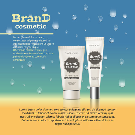 3D realistic cosmetic bottle ads template. Cosmetic brand advertising concept design with water bubbles and water drops background.のイラスト素材
