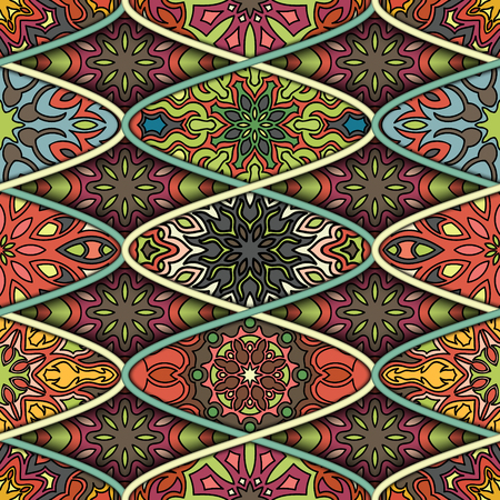 Colorful vintage seamless pattern with floral and mandala elements.Hand drawn background. Can be used for fabric, wallpaper, tile, wrapping, covers and carpet.のイラスト素材
