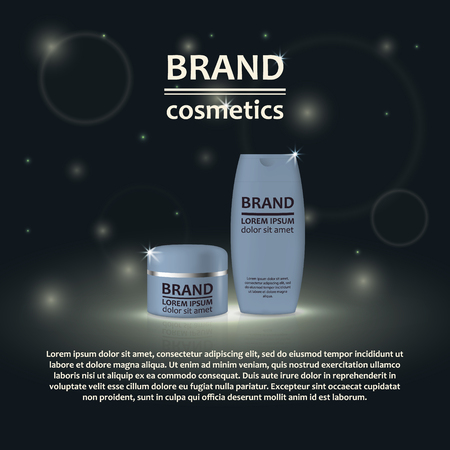 3D realistic cosmetic bottle ads template. Cosmetic brand advertising concept design with glitters and bokeh background.のイラスト素材