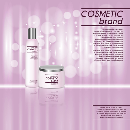 3D realistic cosmetic bottle ads template. Cosmetic brand advertising concept design with glitters and bokeh background.のイラスト素材
