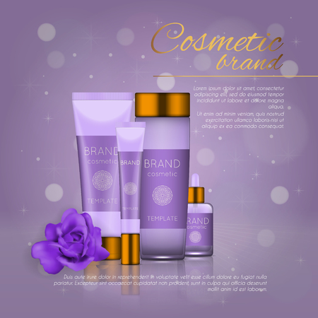 Vector 3D cosmetic illustration with rose and bokeh background. Beauty realistic cosmetic product design templateのイラスト素材