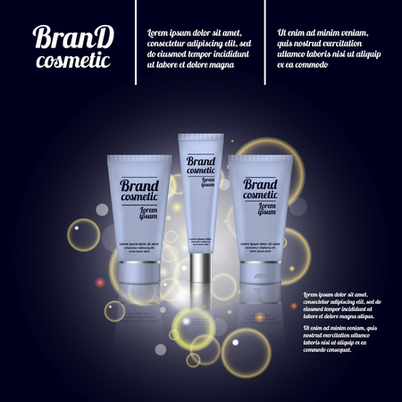 3D Realistic cosmetic bottle ads template. Cosmetic brand advertising concept design with bubbles and sparkles.のイラスト素材