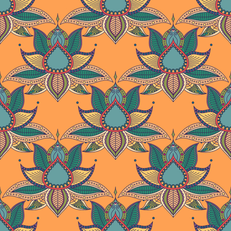 Vintage graphic vector Indian lotus mandala ethnic seamless pattern. Abstract background with flowers.のイラスト素材