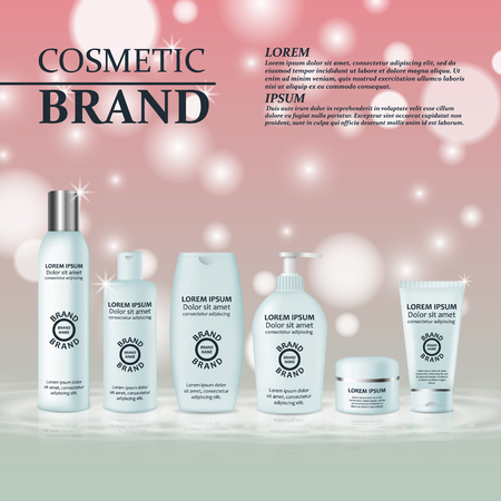 3D realistic cosmetic bottle ads template. Cosmetic brand advertising concept design with glitters and bokeh background.のイラスト素材