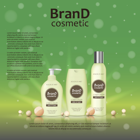 3D realistic cosmetic bottle ads template. Cosmetic brand advertising concept design on glowing background with pearls and sparkles.のイラスト素材