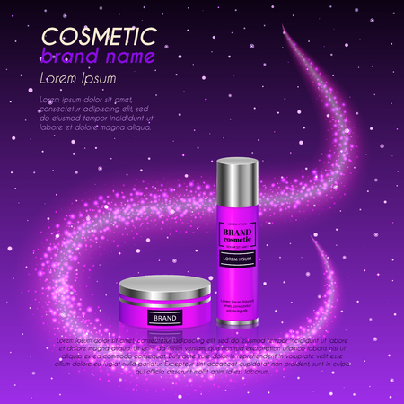 3D realistic cosmetic bottle ads template. Cosmetic brand advertising concept design with glittering dust background.のイラスト素材