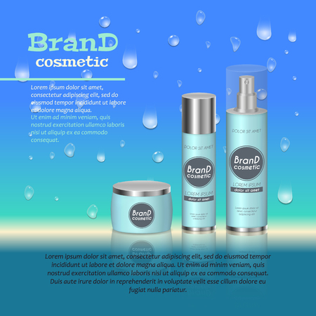 3D realistic cosmetic bottle ads template. Cosmetic brand advertising concept design with water bubbles and waterdrops background.のイラスト素材