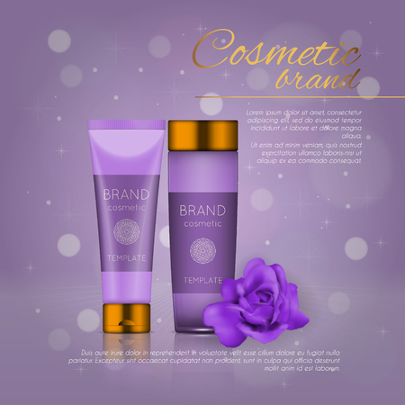 Vector 3D cosmetic illustration with rose and bokeh background. Beauty realistic cosmetic product design templateのイラスト素材