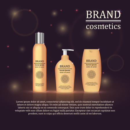 3D realistic cosmetic bottle ads template. Cosmetic brand advertising concept design with glitters and bokeh background.のイラスト素材