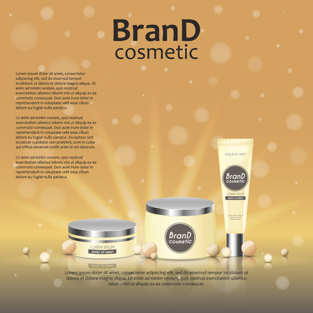 3D realistic cosmetic bottle ads template. Cosmetic brand advertising concept design on glowing background with pearls and sparkles.のイラスト素材