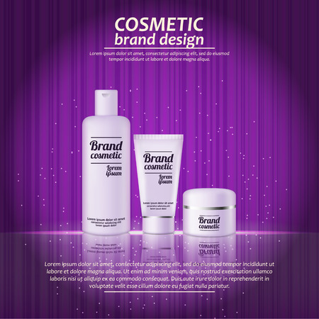 3D realistic cosmetic bottle ads template. Cosmetic brand advertising concept design with glowing sparkles on abstract texture background.のイラスト素材