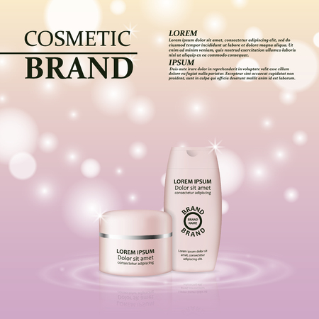 3D realistic cosmetic bottle ads template. Cosmetic brand advertising concept design with glitters and bokeh background.のイラスト素材