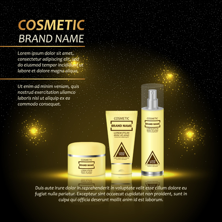 3D realistic cosmetic bottle ads template. Cosmetic brand advertising concept design with abstract glowing lights and sparkles background.のイラスト素材