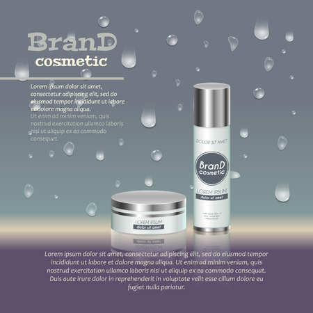 3D realistic cosmetic bottle ads template. Cosmetic brand advertising concept design with water bubbles and waterdrops background.のイラスト素材