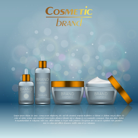 Vector 3D cosmetic illustration on a soft light blurred background with bokeh. Beauty realistic cosmetic product design templateのイラスト素材
