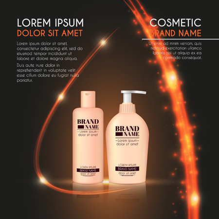 3D realistic cosmetic bottle ads template. Cosmetic brand advertising concept design with glowing sparkles and glitters abstract background.のイラスト素材