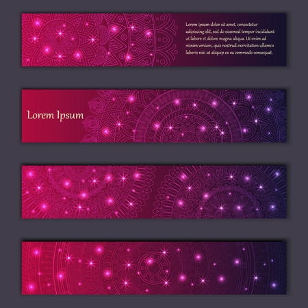 Banner card set with floral glowing decorative mandala elements background. Tribal,ethnic,Indian, Islam, Arabic, ottoman motifs.のイラスト素材