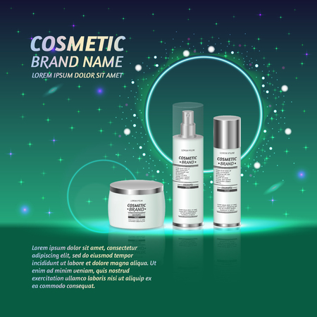 3D realistic cosmetic bottle ads template. Cosmetic brand advertising concept design with glitters and sparkles abstract sky background.のイラスト素材