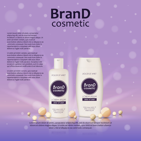 3D realistic cosmetic bottle ads template. Cosmetic brand advertising concept design on glowing background with pearls and sparkles.のイラスト素材