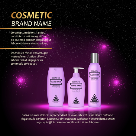 3D realistic cosmetic bottle ads template. Cosmetic brand advertising concept design with abstract glowing lights and sparkles background.のイラスト素材