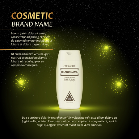 3D realistic cosmetic bottle ads template. Cosmetic brand advertising concept design with abstract glowing lights and sparkles background.のイラスト素材