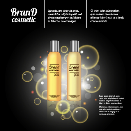 3D realistic cosmetic bottle ads template. Cosmetic brand advertising concept design with bubbles and sparkles.のイラスト素材