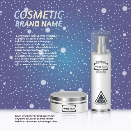 3D realistic cosmetic bottle ads template. Cosmetic brand advertising concept design on winter background with snowflakes.のイラスト素材