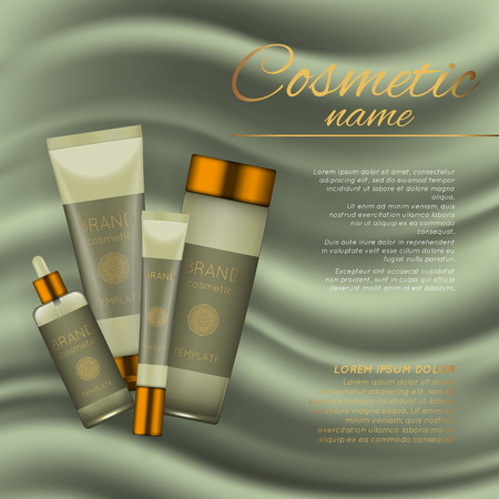 Vector 3D cosmetic illustration on a soft silk background. Beauty realistic cosmetic product design templateのイラスト素材
