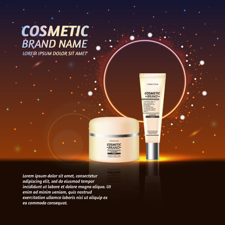 3D realistic cosmetic bottle ads template. Cosmetic brand advertising concept design with glitters and sparkles abstract sky background.のイラスト素材