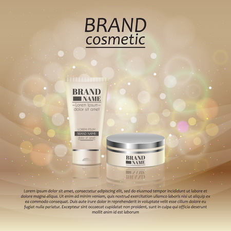 3D realistic cosmetic bottle ads template. Cosmetic brand advertising concept design with glitters and bokeh background.のイラスト素材
