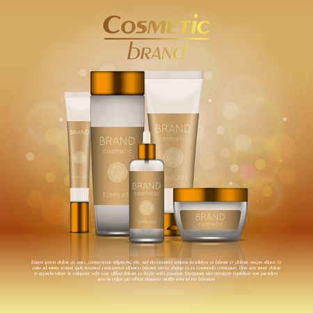 Vector 3D cosmetic illustration on a soft light blurred background with bokeh. Beauty realistic cosmetic product design templateのイラスト素材