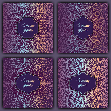 Set of mandala background cards. Vintage luxury glowing elements. Vector decorative retro greeting card or invitation design.のイラスト素材