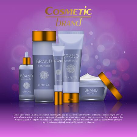 Vector 3D cosmetic illustration on a soft light blurred background with bokeh. Beauty realistic cosmetic product design templateのイラスト素材