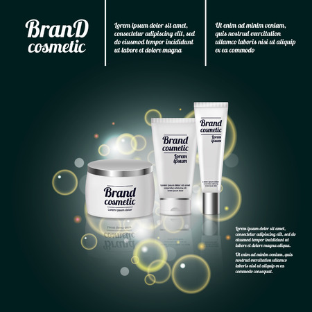 3D realistic cosmetic bottle ads template. Cosmetic brand advertising concept design with bubbles and sparkles.のイラスト素材