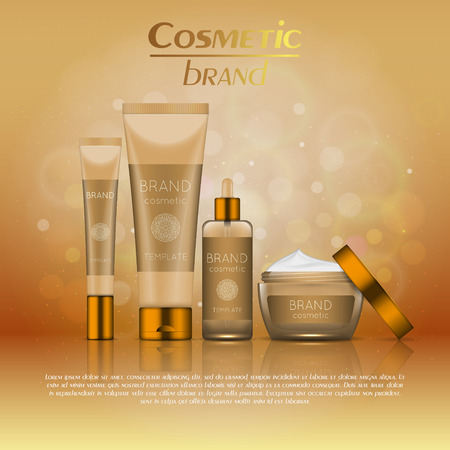 3D cosmetic containers illustration on a soft light blurred background with bokeh effect. Realistic cosmetic product design templateのイラスト素材