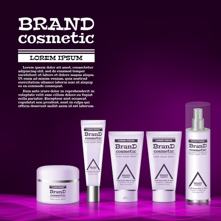 3D realistic cosmetic bottle ads template. Cosmetic brand advertising concept design with abstract glowing waves.のイラスト素材