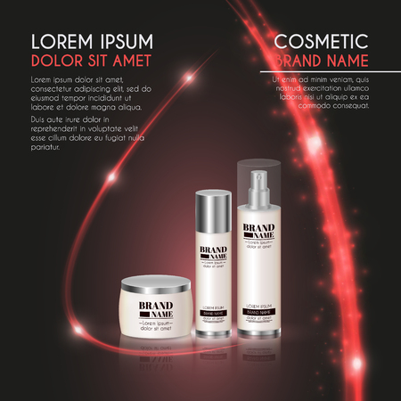 3D realistic cosmetic bottle ads template. Cosmetic brand advertising concept design with glowing sparkles and glitters abstract background.のイラスト素材