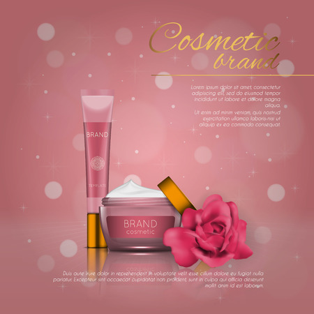 Vector 3D cosmetic illustration with rose and bokeh background. Beauty realistic cosmetic product design templateのイラスト素材
