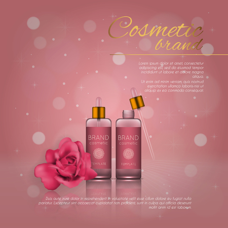 Vector 3D cosmetic illustration with rose and bokeh background. Beauty realistic cosmetic product design templateのイラスト素材