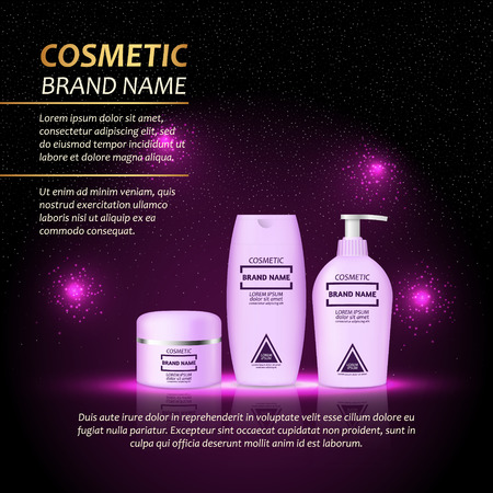 3D realistic cosmetic bottle ads template. Cosmetic brand advertising concept design with abstract glowing lights and sparkles background.のイラスト素材