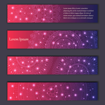 Banner card set with floral glowing decorative mandala elements background. Tribal,ethnic,Indian, Islam, Arabic, ottoman motifs.のイラスト素材