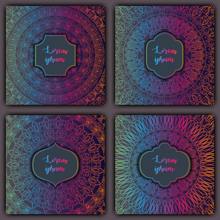 Set of mandala background cards. Vintage luxury glowing elements. Vector decorative retro greeting card or invitation design.のイラスト素材