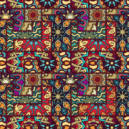 Colorful vintage seamless pattern with floral and mandala elements.Hand drawn background. Can be used for fabric, wallpaper, tile, wrapping, covers and carpet. Islam, Arabic, Indian, ottoman motifs.のイラスト素材