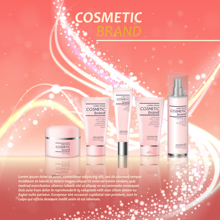 3D realistic cosmetic bottle ads template. Cosmetic brand advertising concept design with glitters and bokeh background.のイラスト素材