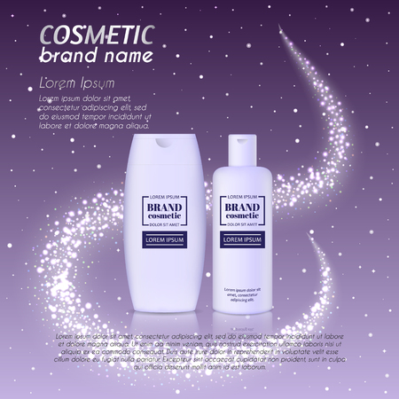 3D realistic cosmetic bottle ads template. Cosmetic brand advertising concept design with glittering dust background.のイラスト素材