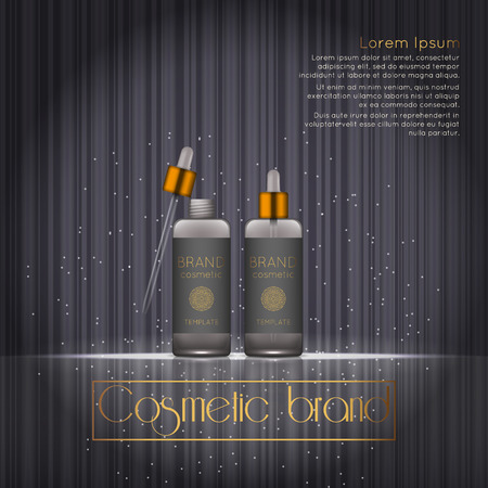 3D realistic cosmetic bottle ads template. Cosmetic brand advertising concept design with glowing sparkles on abstract texture background.のイラスト素材